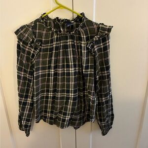 GAP Black, White, Green, Navy, and Maroon Plaid Ruffle Blouse